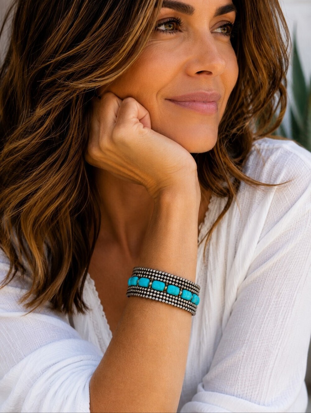 Silver Tone Turquoise Beaded Cuff Bracelet Boho Western Southwestern Statement - Picture 2 of 6